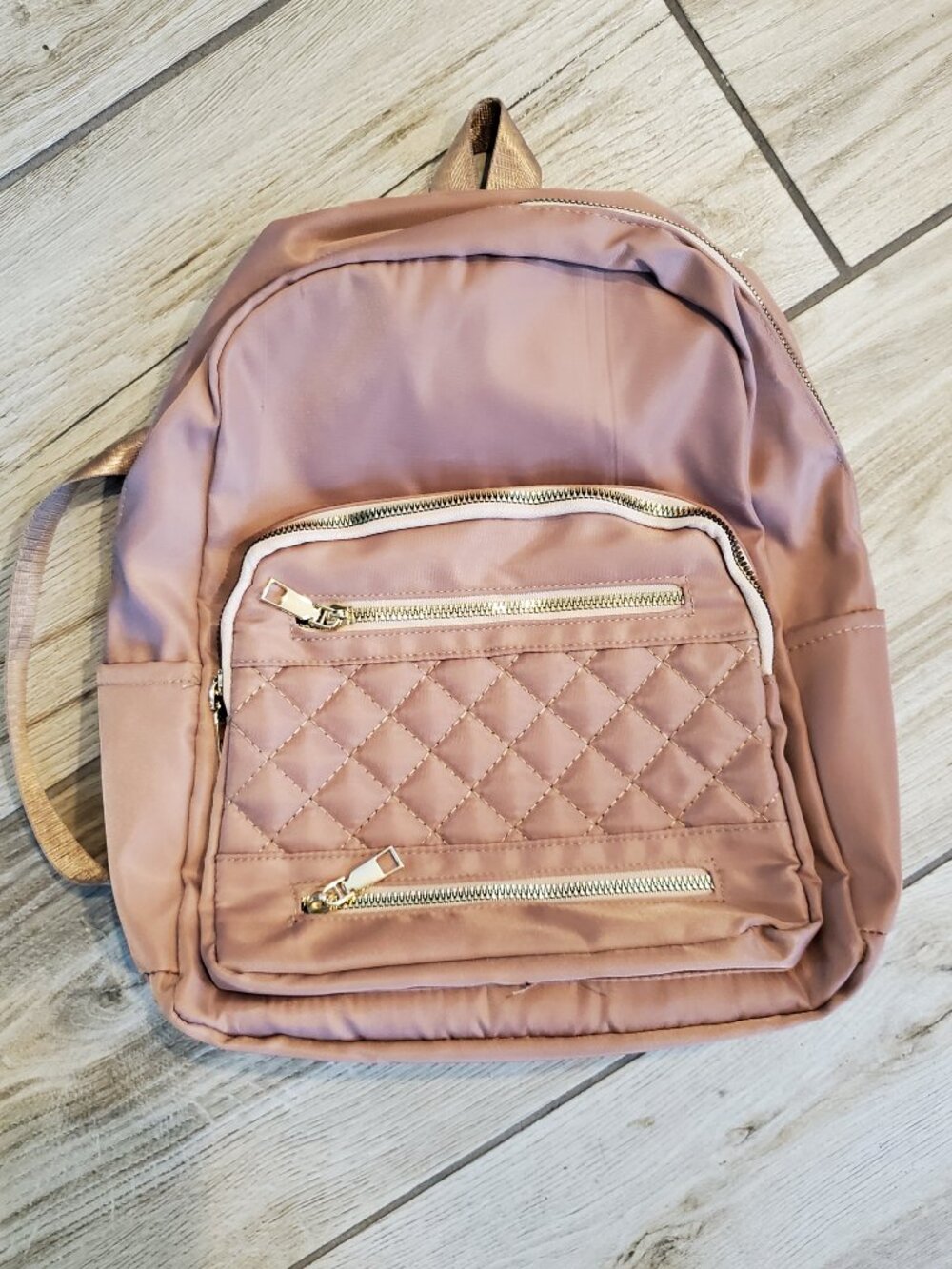 Dusty Rose Quilted Nylon Backpack – Multi-Pocket Travel Bag